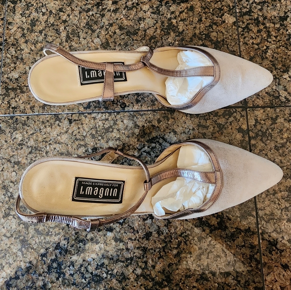 Nos I. Magnin Gray Suede Metal Satin Kid Straps Made in Spain High Heels SZ 9